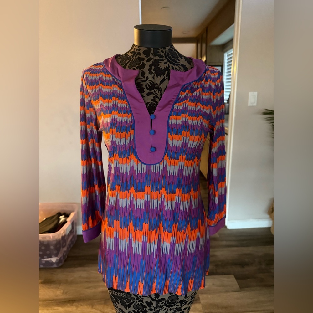 BCBGMAXAZRIA Women Multi Color Geometric Chevron Print Tunic Top Purple Orange S